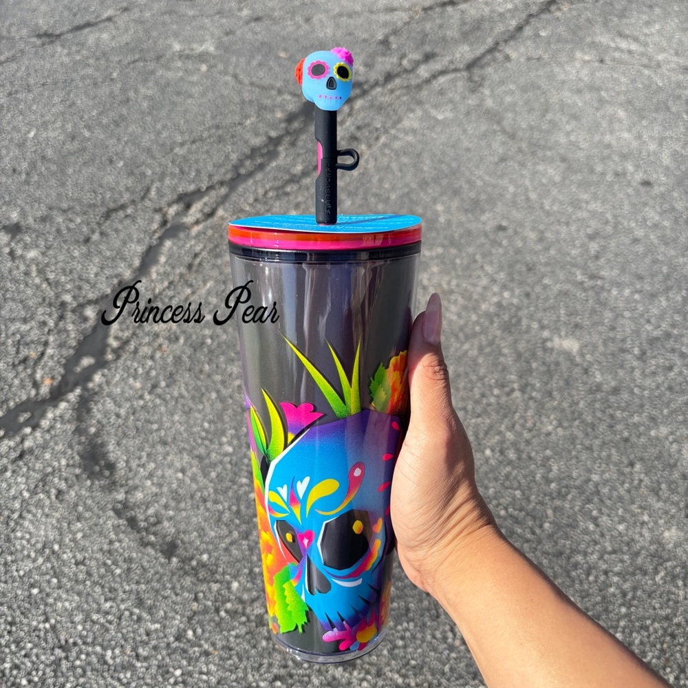 NWT Starbucks 2025 Neon Calavera Sugar Skull Glow in the Dark Straw Topper Cup